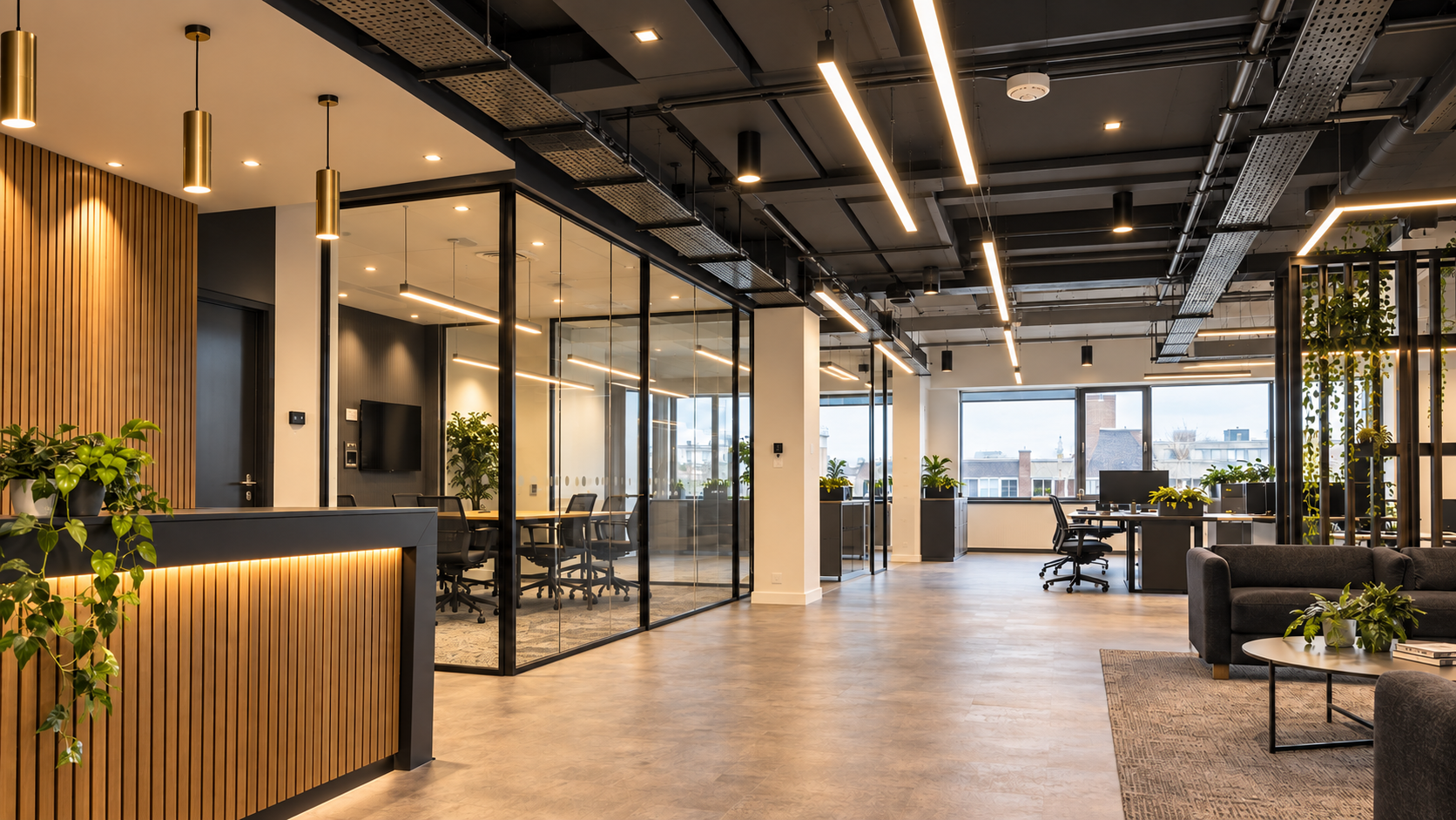 Modern commercial office fit-out with linear LED lighting, feature pendants and a glazed meeting room