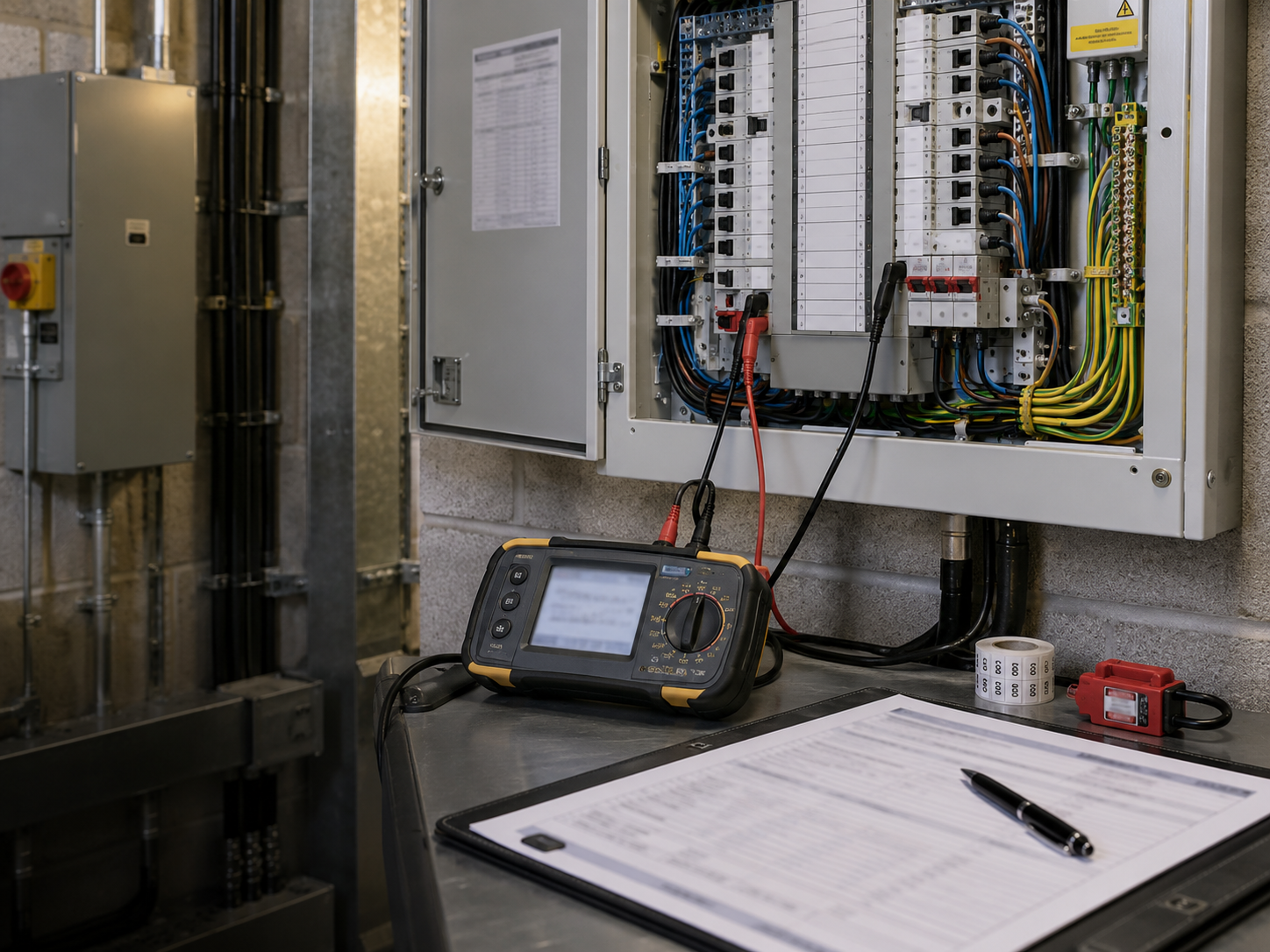 Commercial distribution board inspection with a multifunction tester and certification paperwork