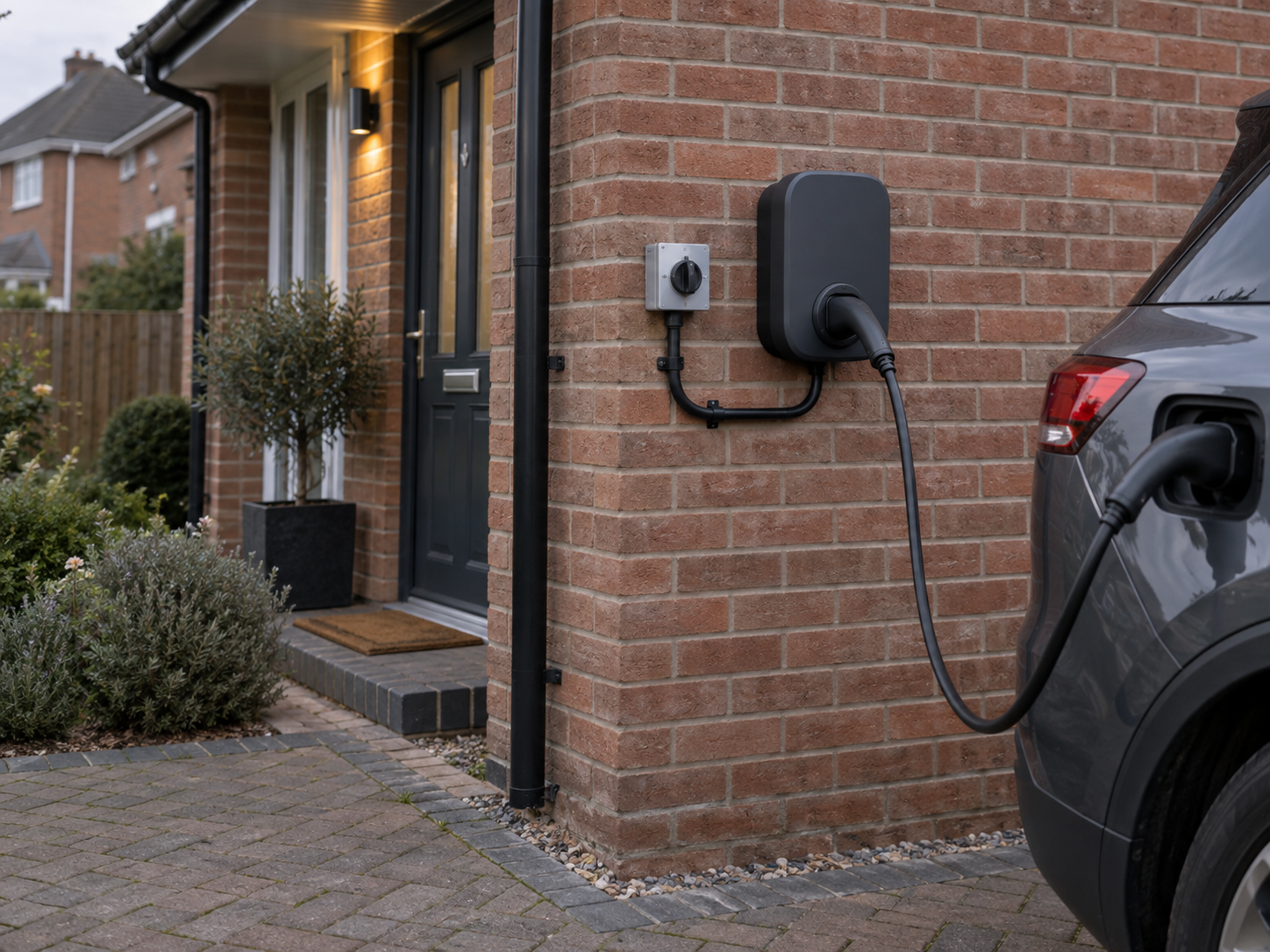 Home EV charger mounted on a house wall, charging a car on the driveway