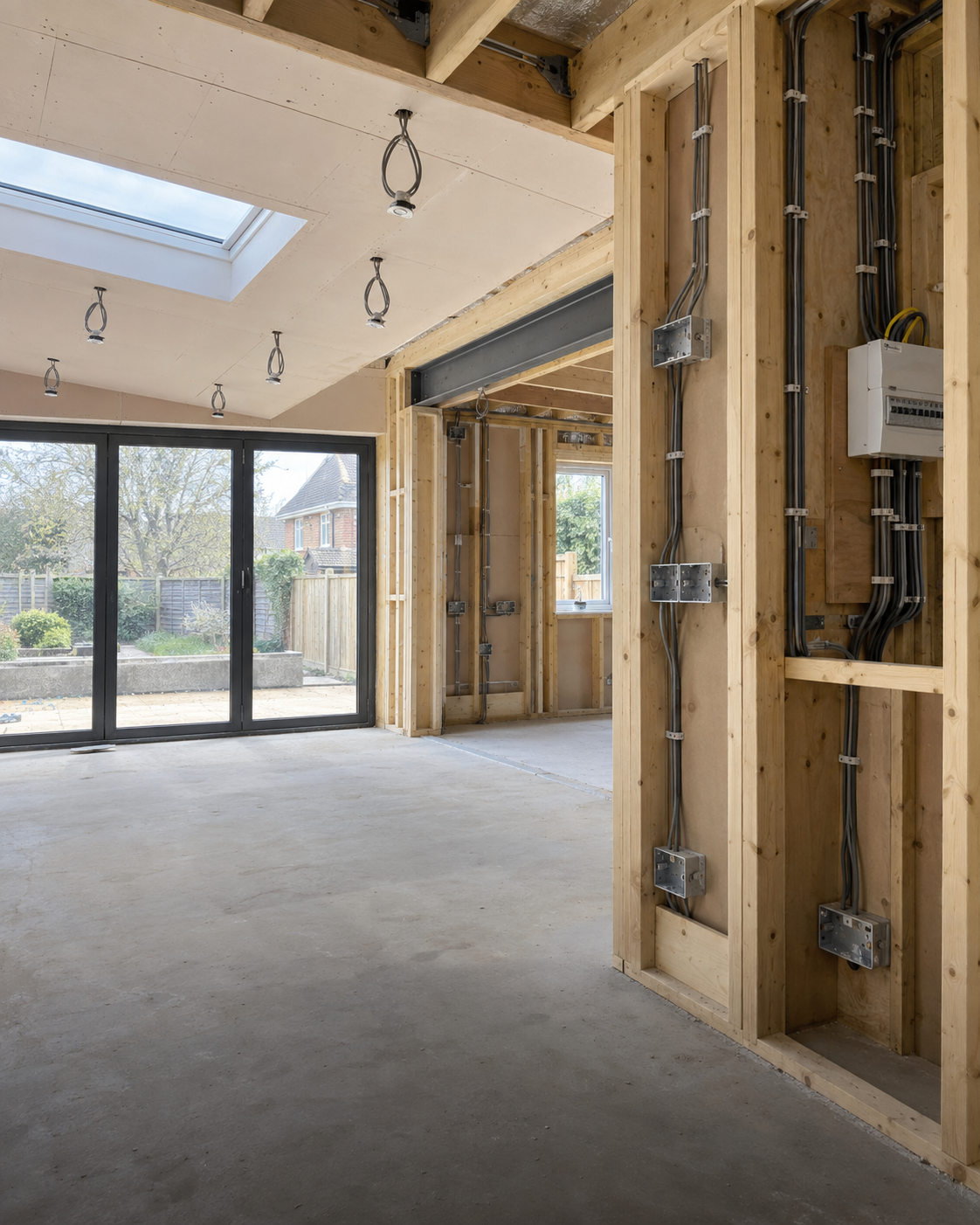 First-fix wiring, back boxes and consumer unit in a timber-framed house extension