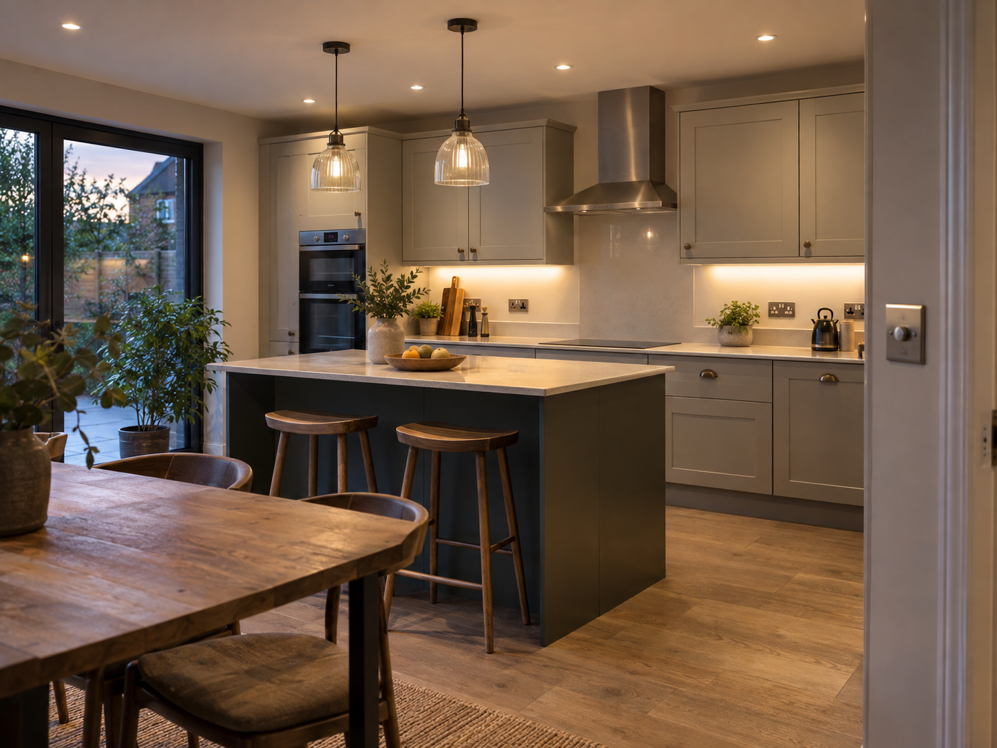 Home kitchen with pendant lighting, under-cabinet LEDs and sockets