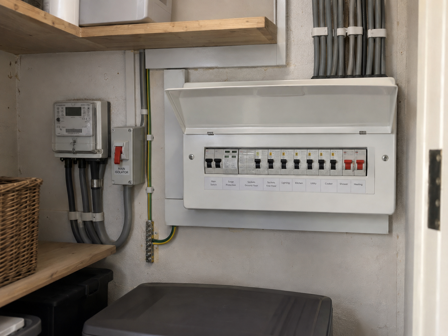 Modern domestic consumer unit with labelled circuits, meter and main isolator