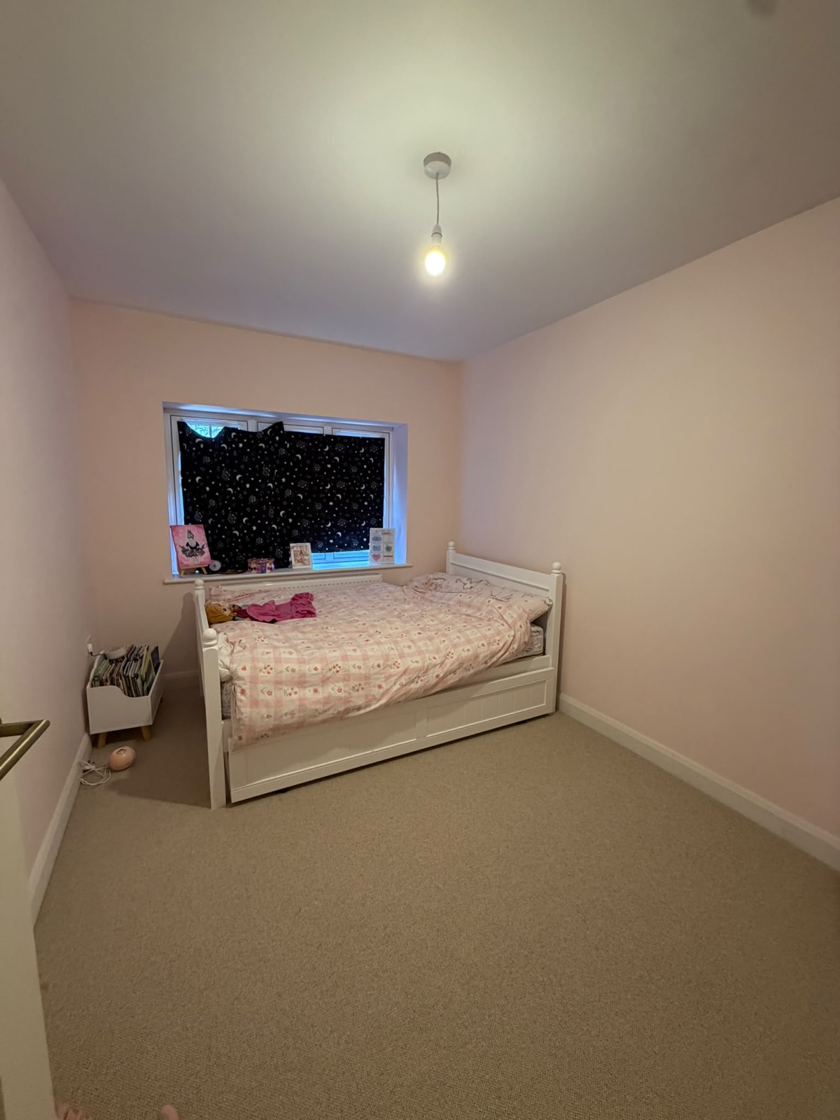 Bedroom with pendant lighting and a large window